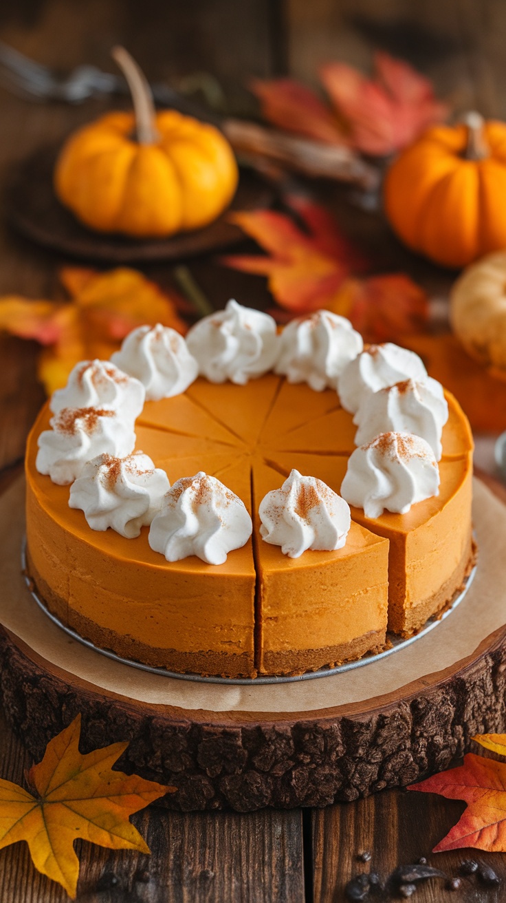 No Bake Pumpkin Cheesecake with whipped cream and pumpkin spice, on a wooden table with autumn decorations.